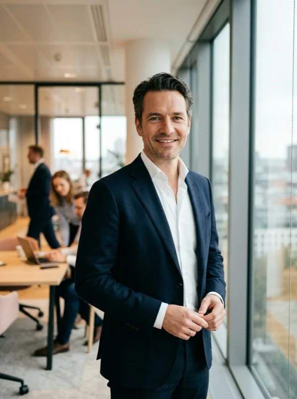 Geschäftsmann lächelt in einem hellen Büro, Kollegen im Hintergrund