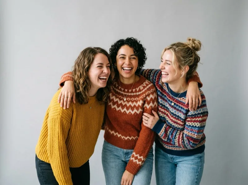 Drei Freundinnen in Strickpullis lachen gemeinsam
